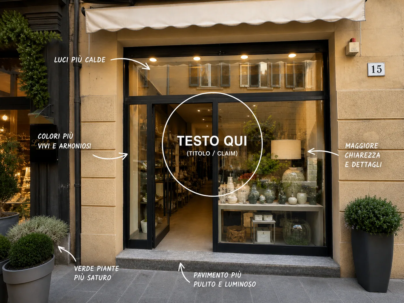 La stessa vetrina dopo il montaggio: luci più calde, colori più vivi, testo del claim al centro